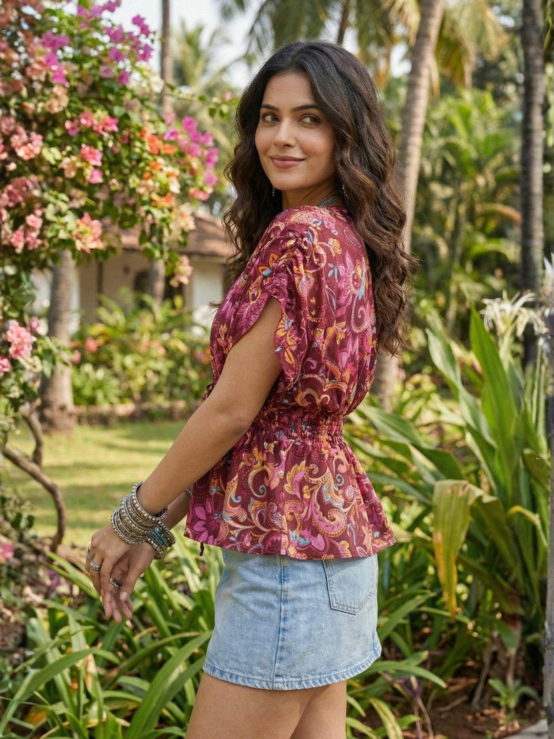 Virelle mulberry muse boho peplum top