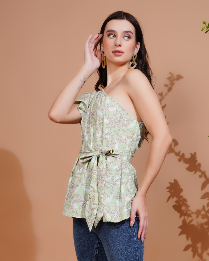 Green flora one-shoulder elegance top