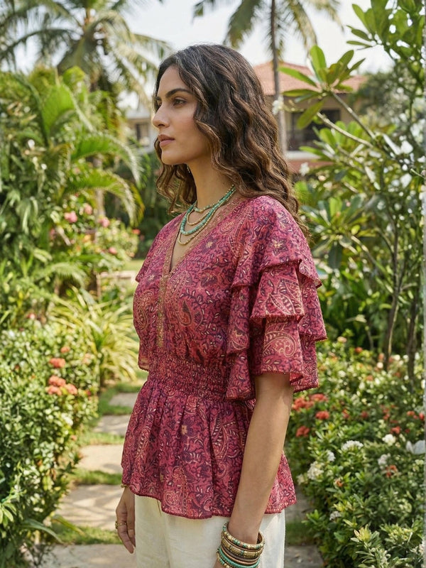 Talise rosewood paisley peplum top