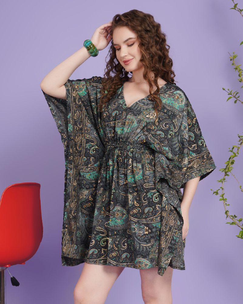 Tara mystic jade kaftan mini dress
