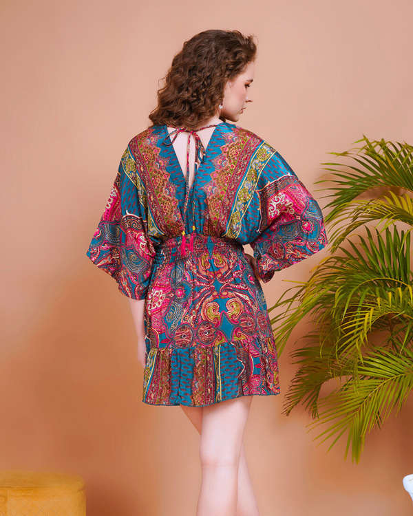 Liora teal bloom kimono mini dress Boholyfe Liora teal bloom kimono mini dress Boholyfe