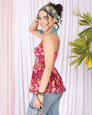 Nerina berry-paisley spaghetti top