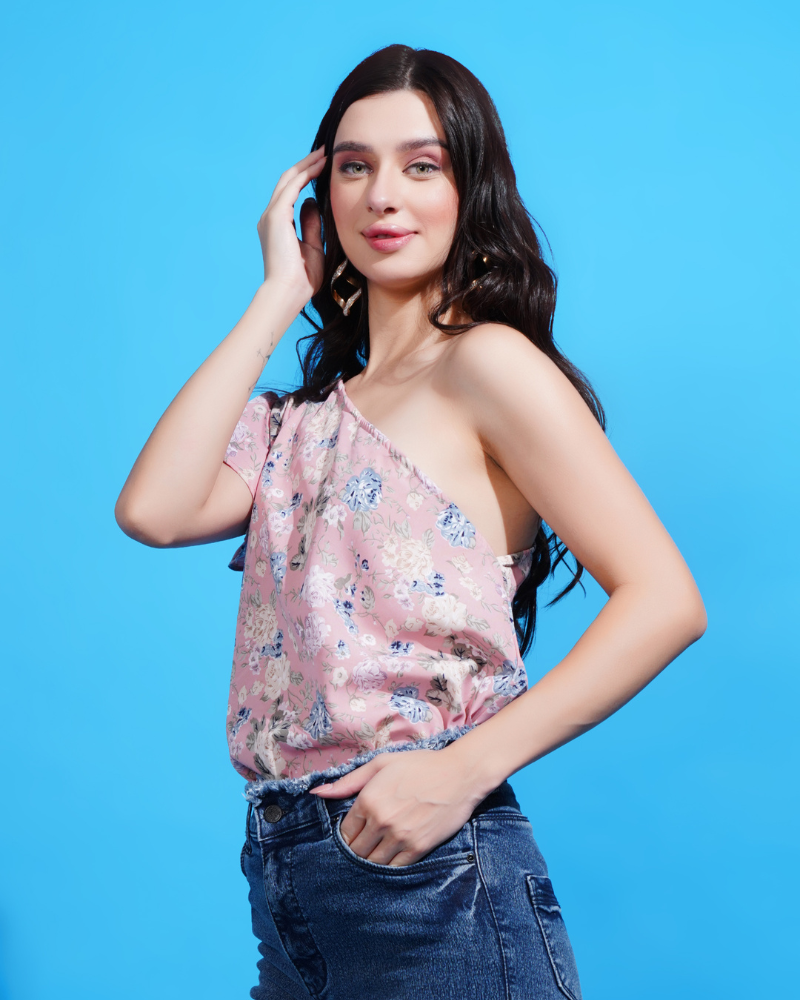 Pink flora one-shoulder beauty top