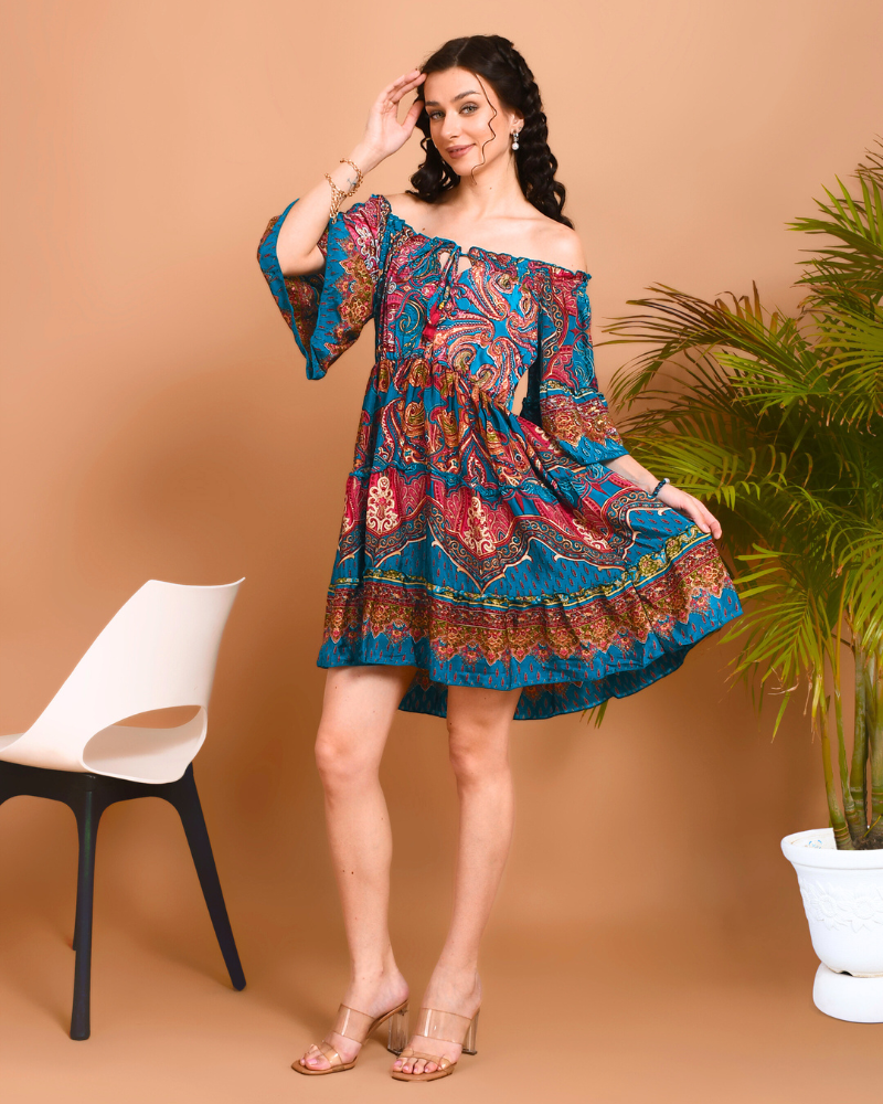 Mira teal breeze off-shoulder mini dress