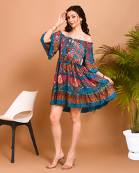 Mira teal breeze off-shoulder mini dress