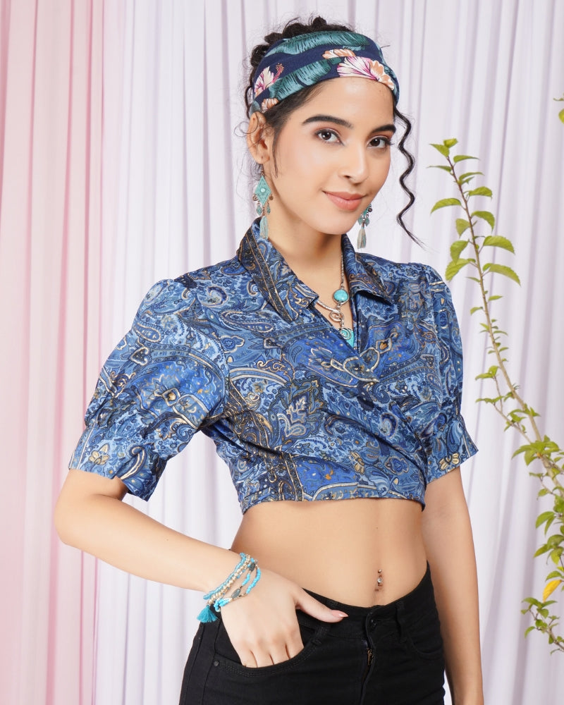 Vierra blue-dusk wrap collar top