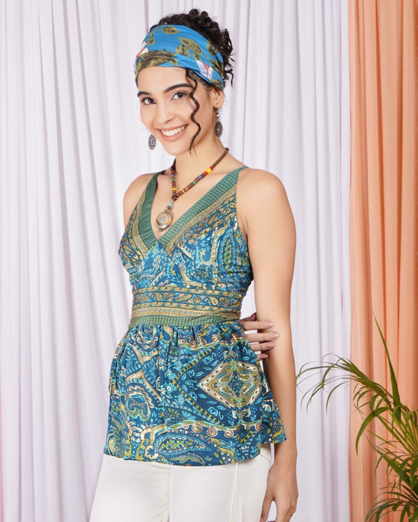 Aurelia teal mosaic peplum top