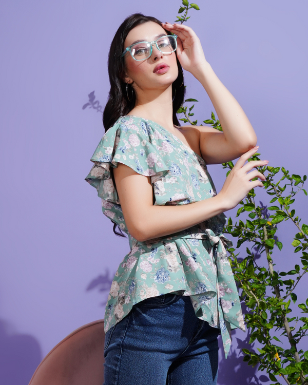 Floral glow one-shoulder green top