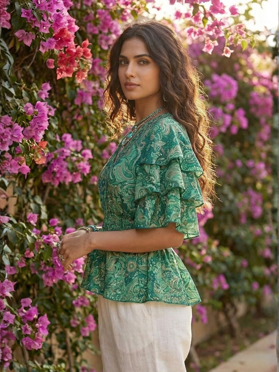 Elaris emerald paisley peplum top