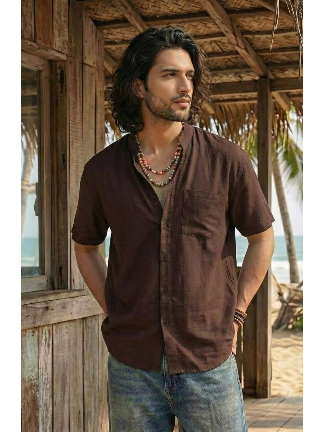 Kairo deep-cocoa mandarin cotton shirt