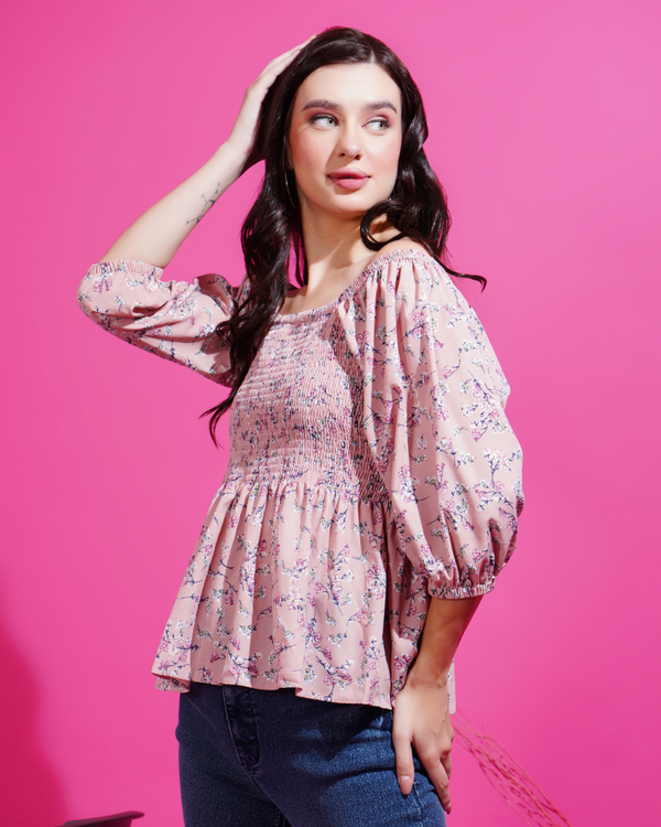 Floral bliss smocked pink peplum top