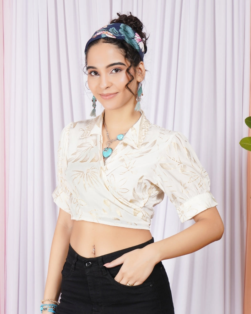 Liora soft-ivory collar wrap top