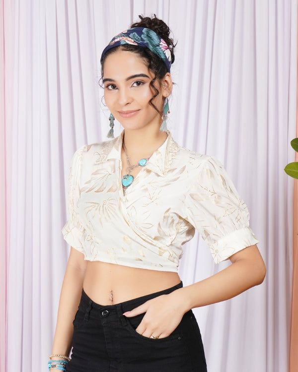 Liora soft-ivory collar wrap top