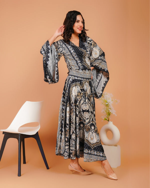 Black and white boho paisley co-ord set with golden glam