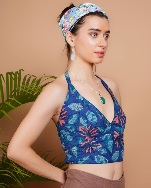 Blue breeze cotton bohemian crop top with halter neck