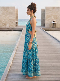 Caribbean blue halter maxi dress