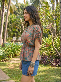 Aurelle coral meadow boho peplum top
