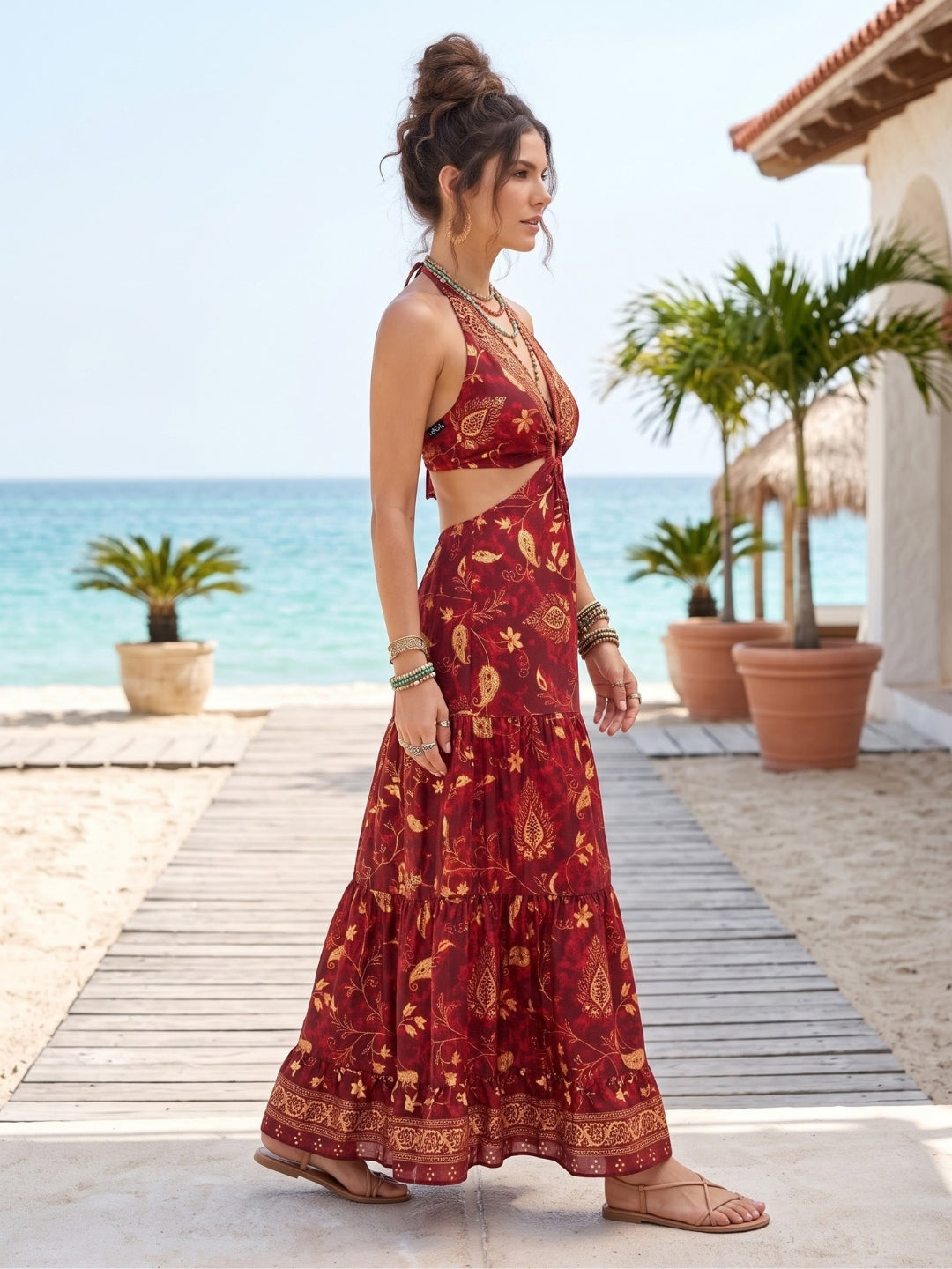 Sangria sunset halter boho maxi dress