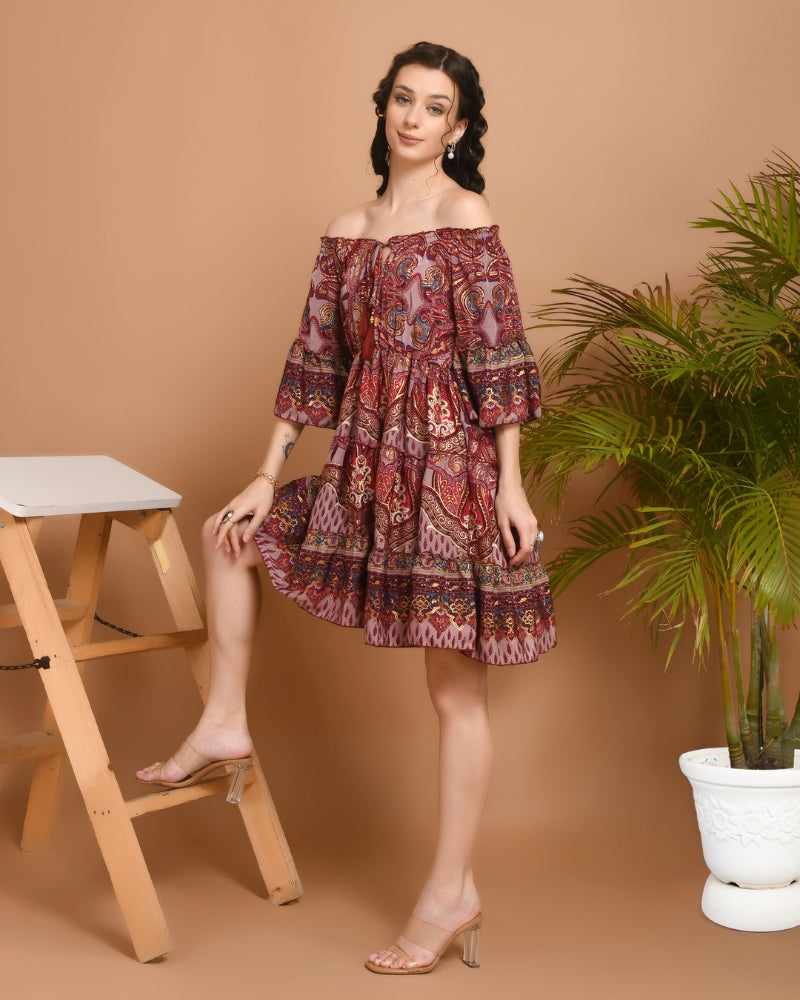 carmine mini dress Carmine paisley off-shoulder short dress – Boholyfe
