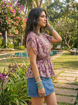 Elowen berry tapestry boho peplum top