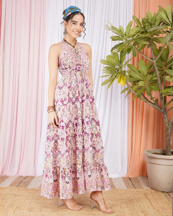 Lunara roseplum halter maxi dress