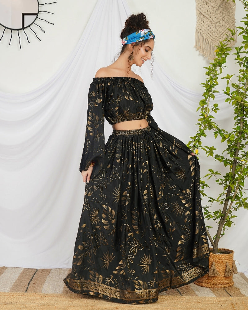 Amarielle black-gold boho skirt co-ord set
