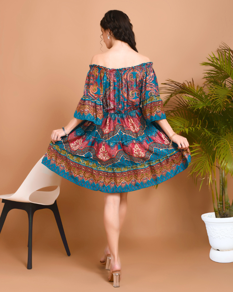 Mira teal breeze off-shoulder mini dress