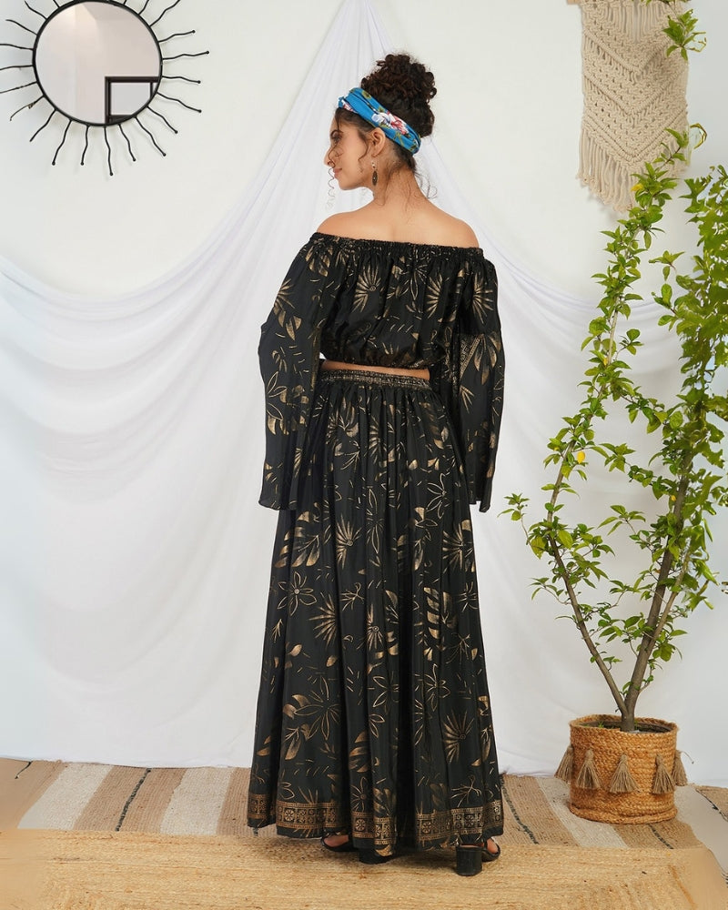 Amarielle black-gold boho skirt co-ord set
