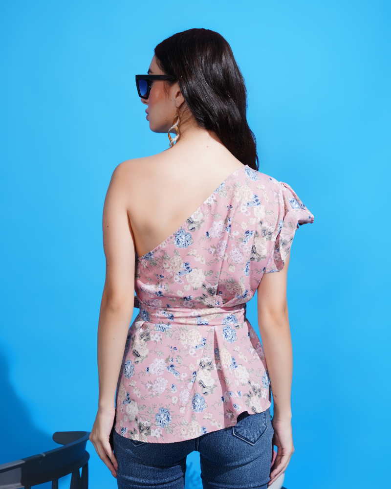 Pink flora one-shoulder beauty top