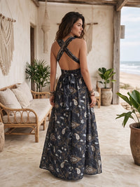 Midnight stardust boho halter maxi dress