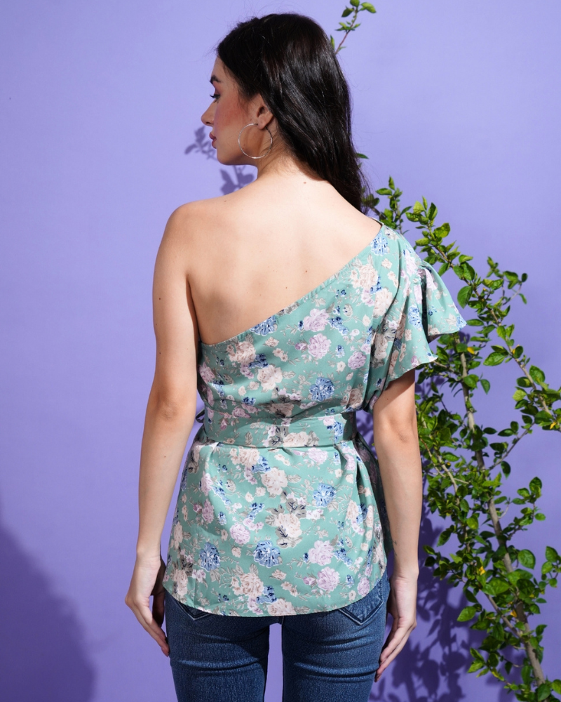 Floral glow one-shoulder green top