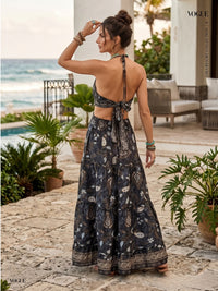 Shadow bloom halter boho maxi dress
