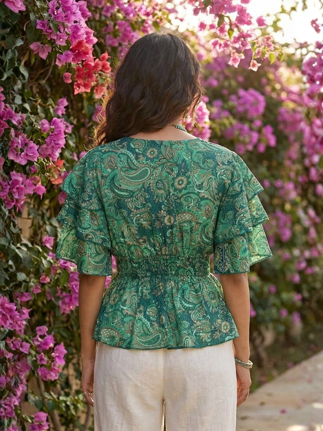 Elaris emerald paisley peplum top