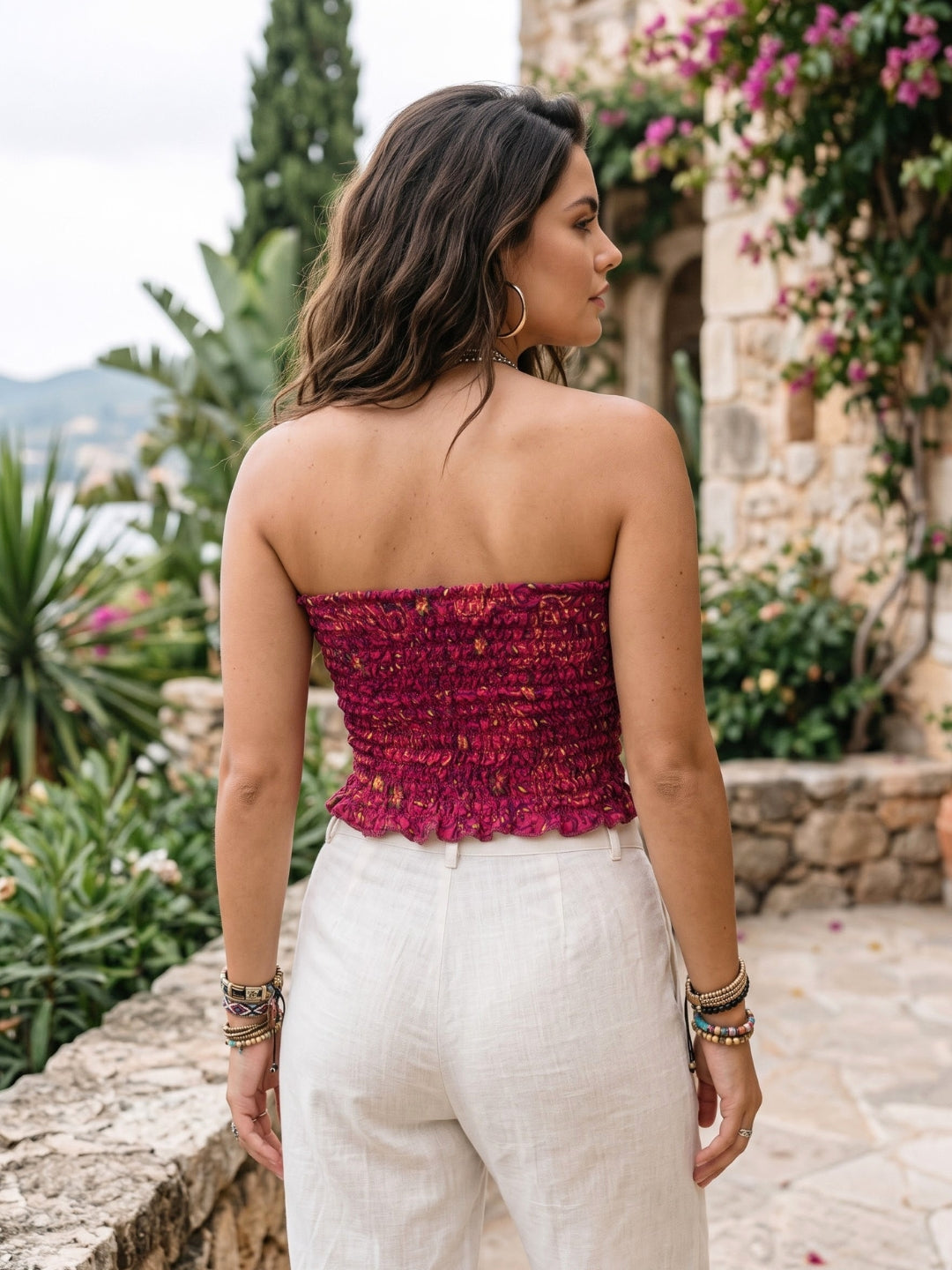 Raspberry paisley smocked tube top