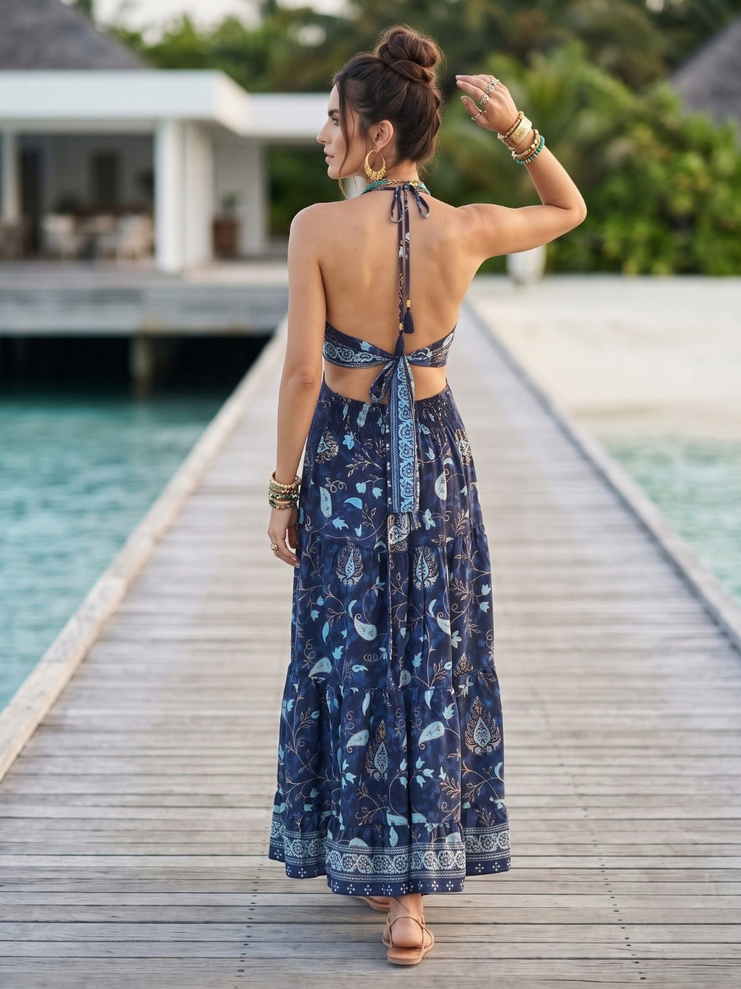 Midnight cove halter maxi dress