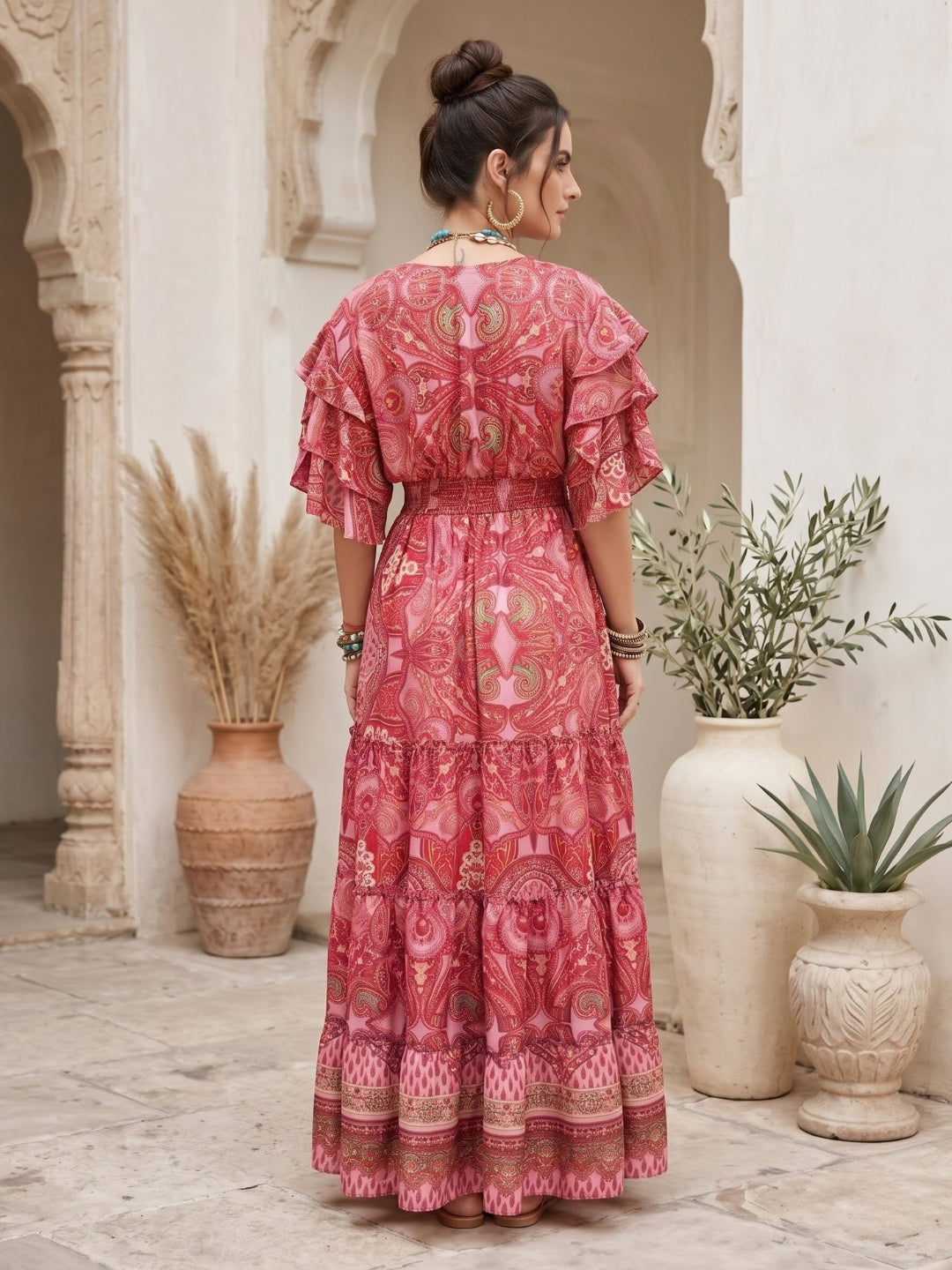 Raspberry rose tiered maxi dress