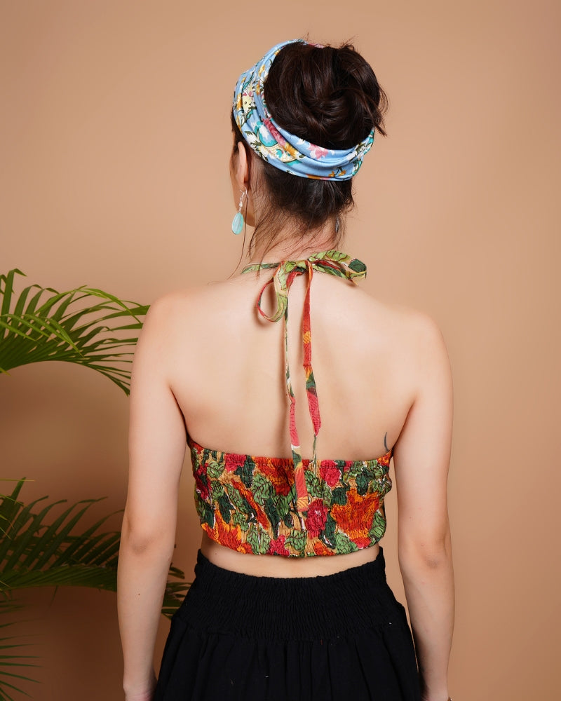 Crimson flora cotton bohemian crop top with halter neck