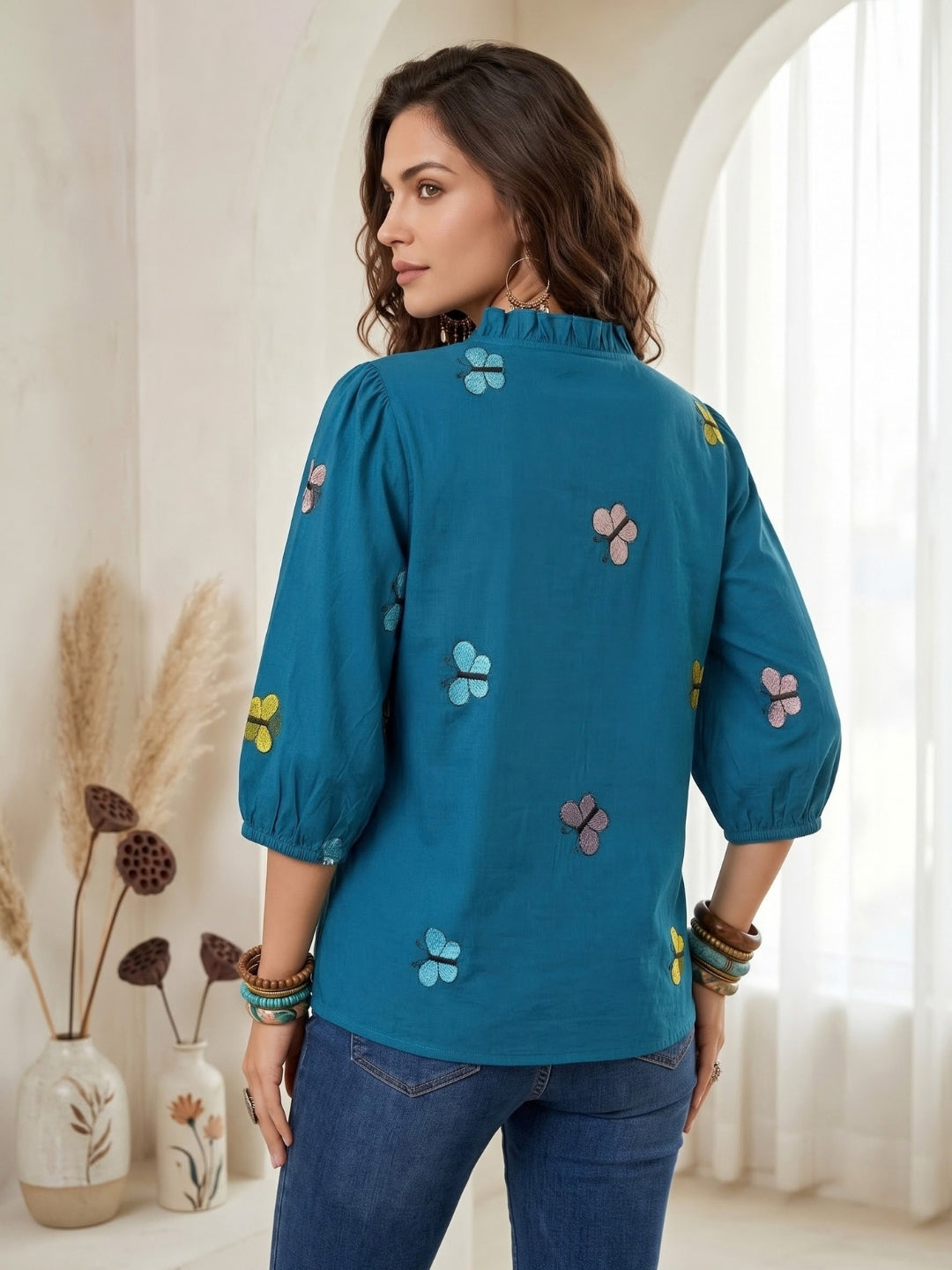 Aegean teal embroidered boho shirt