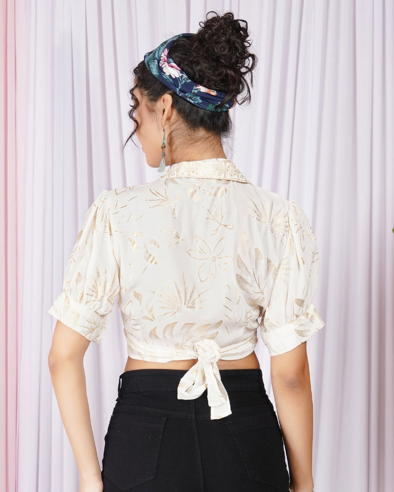 Liora soft-ivory collar wrap top