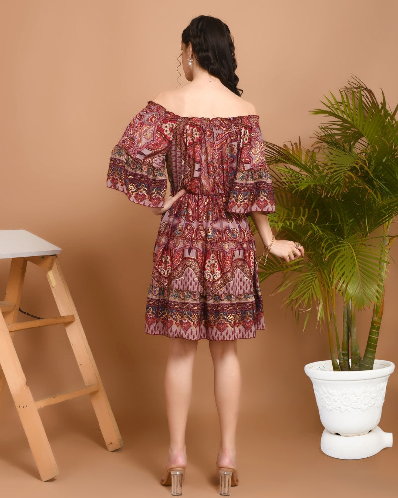 Carmine paisley off-shoulder short dress