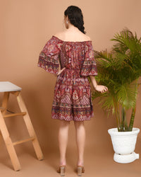 Carmine paisley off-shoulder short dress