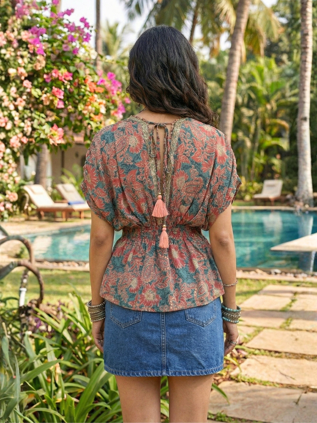 Aurelle coral meadow boho peplum top