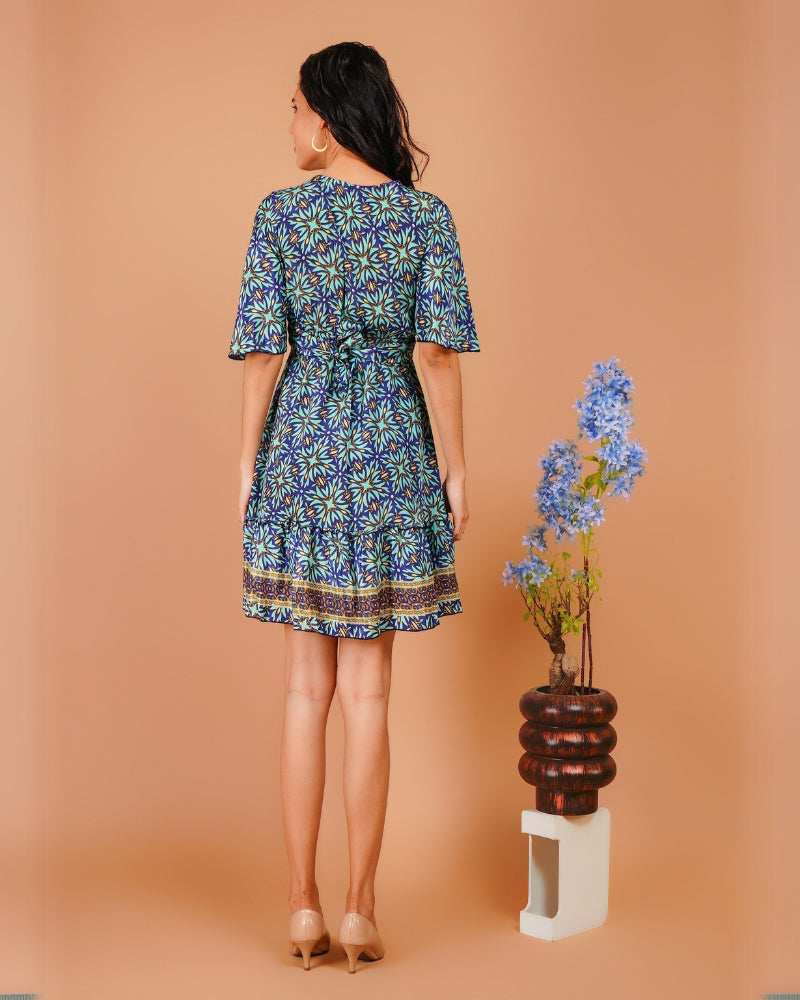 Tropical leaves navy wrap short dress