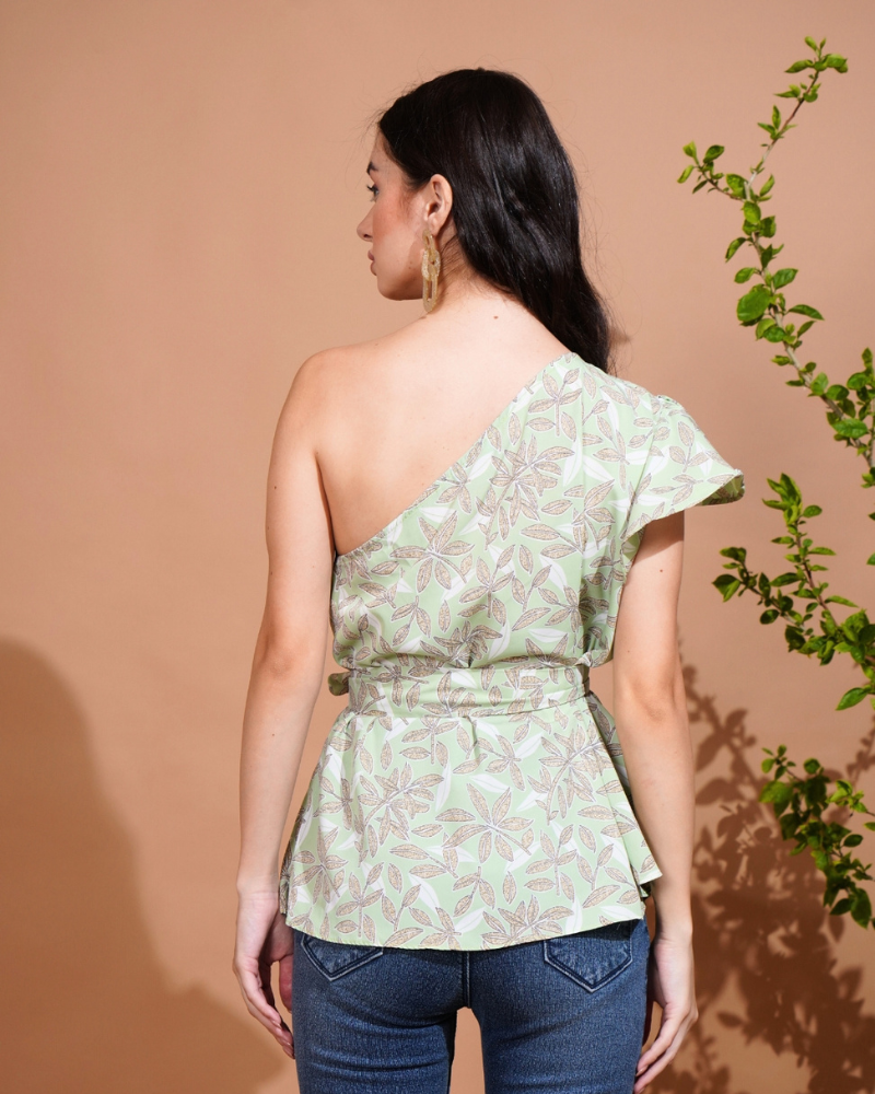 Green flora one-shoulder elegance top