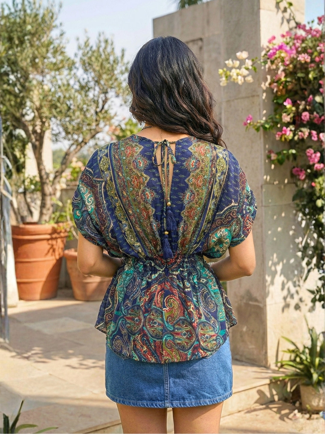 Calindra navy nomad boho peplum top