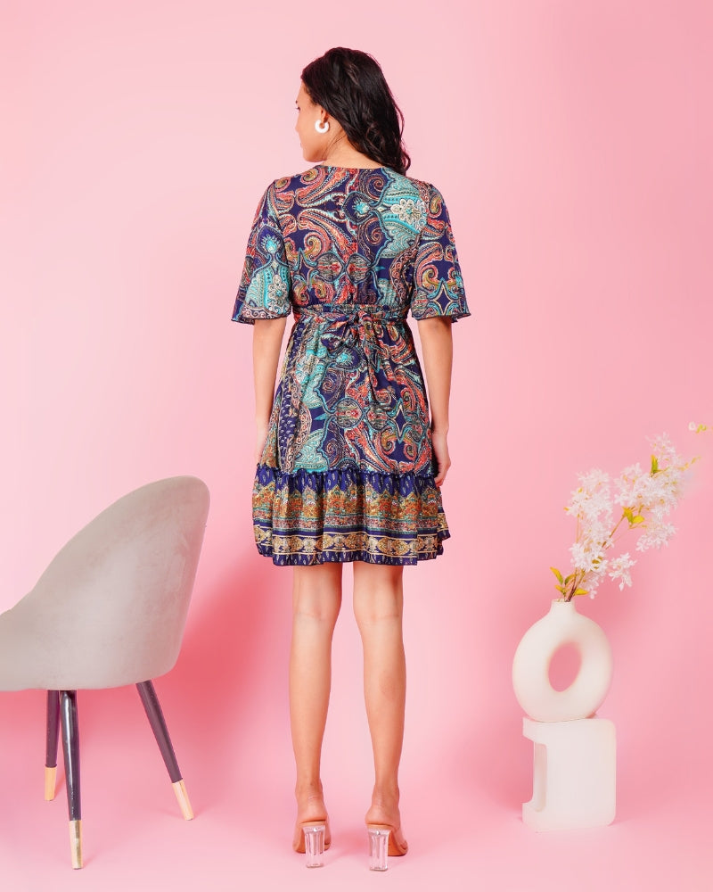 Vibrant paisley boho short dress in navy hues