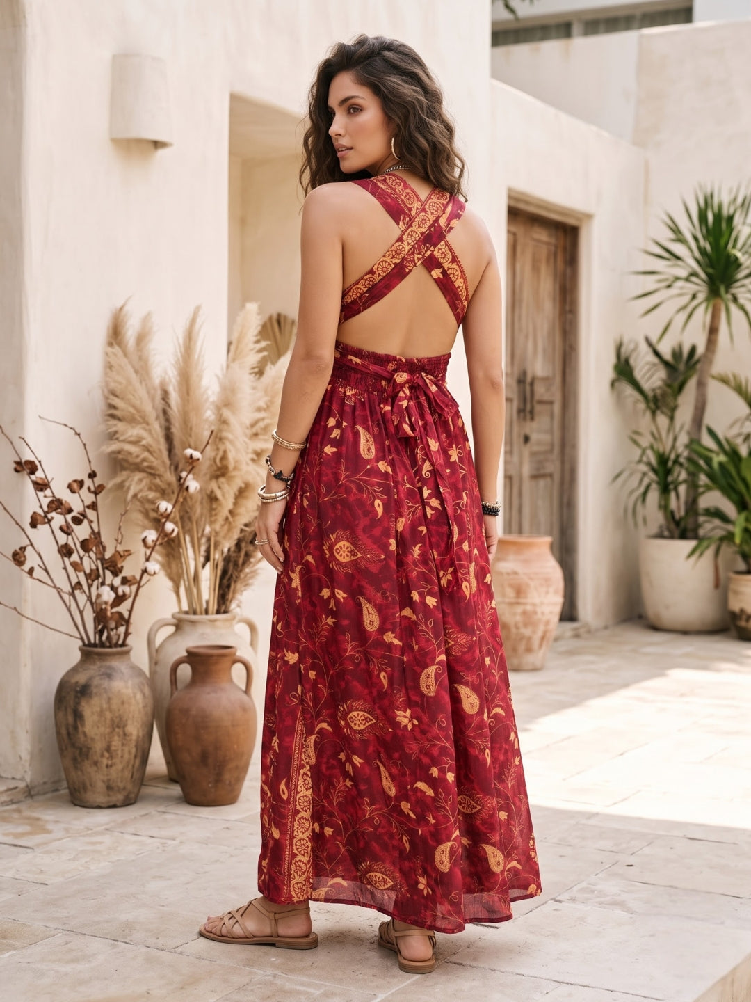 Cranberry crush halter boho maxi dress