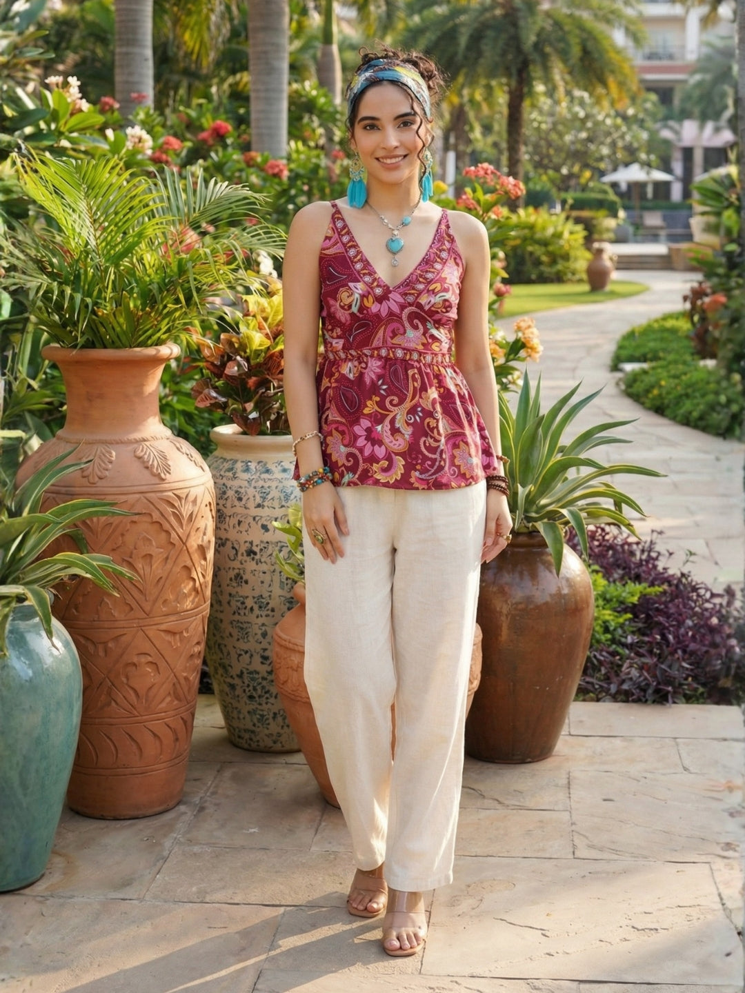 Nerina berry-paisley spaghetti top