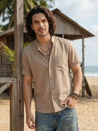 Keaton sandstone drift mandarin cotton shirt