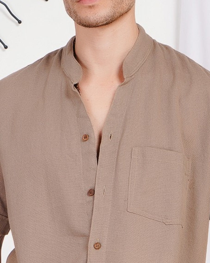 Keaton sandstone drift mandarin cotton shirt